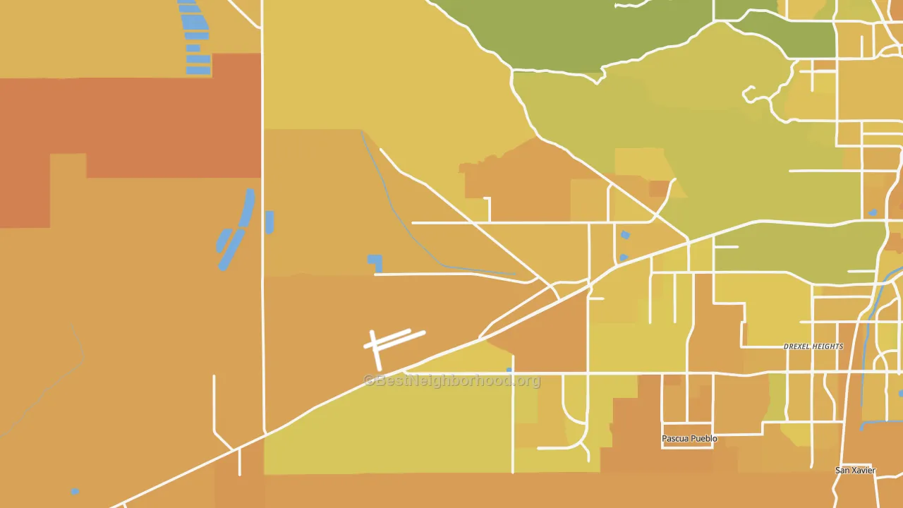 Map of the best neighborhoods in the 85735 area, with better matches in green and worse matches in red