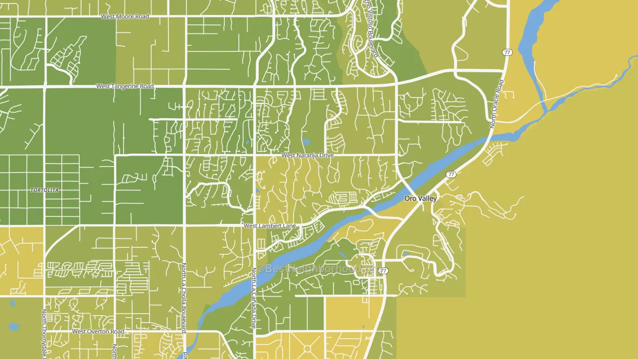 Map of the best neighborhoods in the 85737 area, with better matches in green and worse matches in red