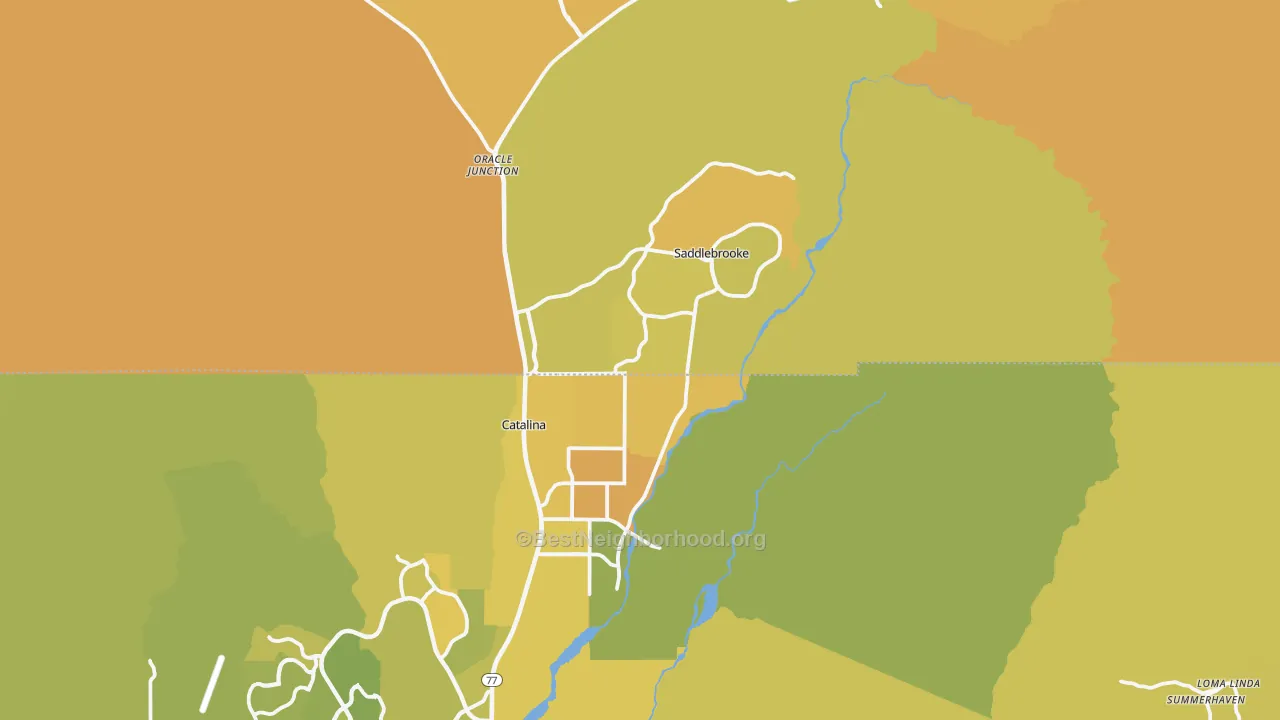 Map of the best neighborhoods in the 85739 area, with better matches in green and worse matches in red