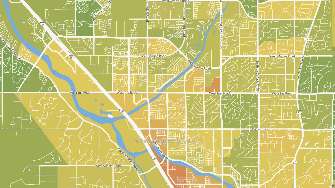 Map of the best neighborhoods in the 85741 area, with better matches in green and worse matches in red