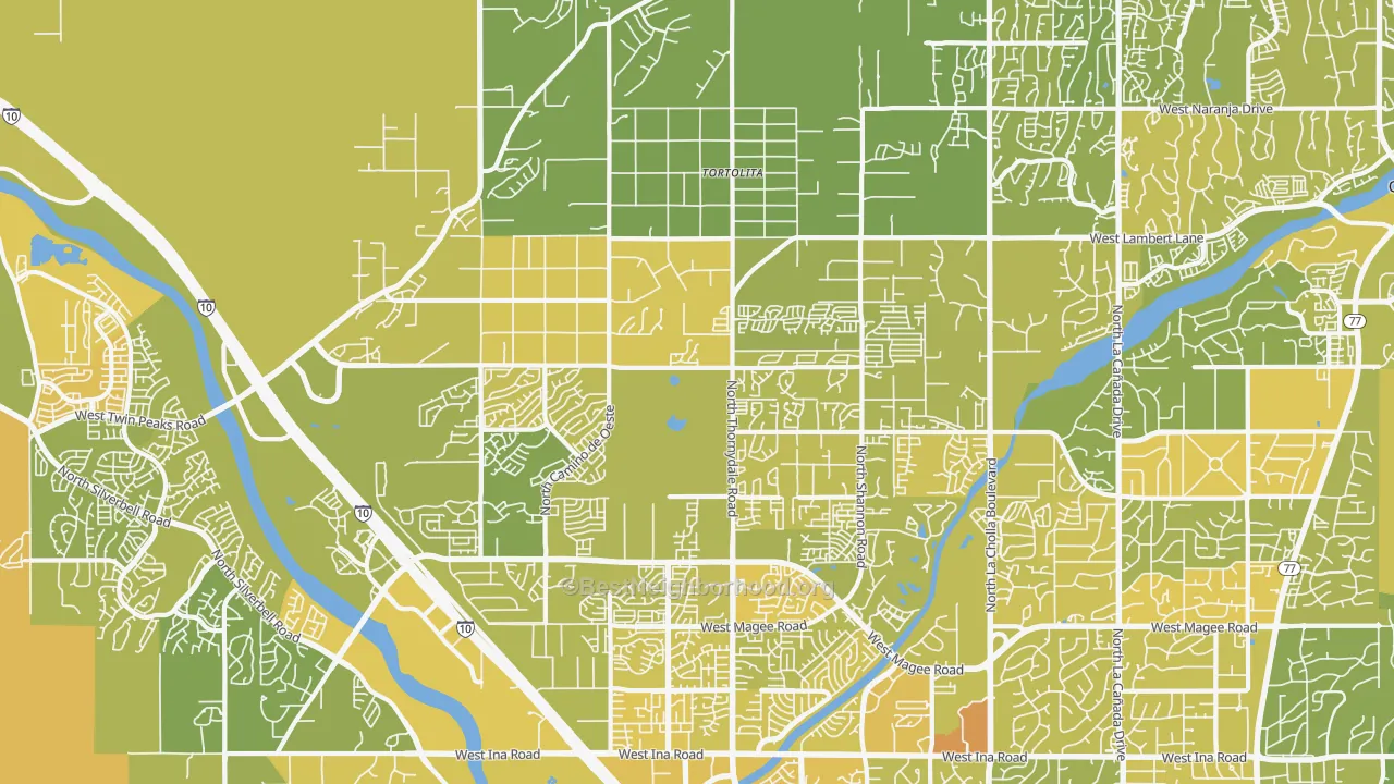 Map of the best neighborhoods in the 85742 area, with better matches in green and worse matches in red