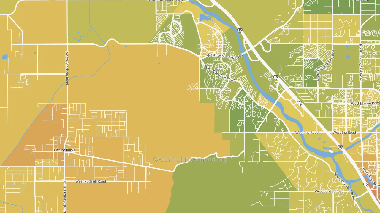 Map of the best neighborhoods in the 85743 area, with better matches in green and worse matches in red