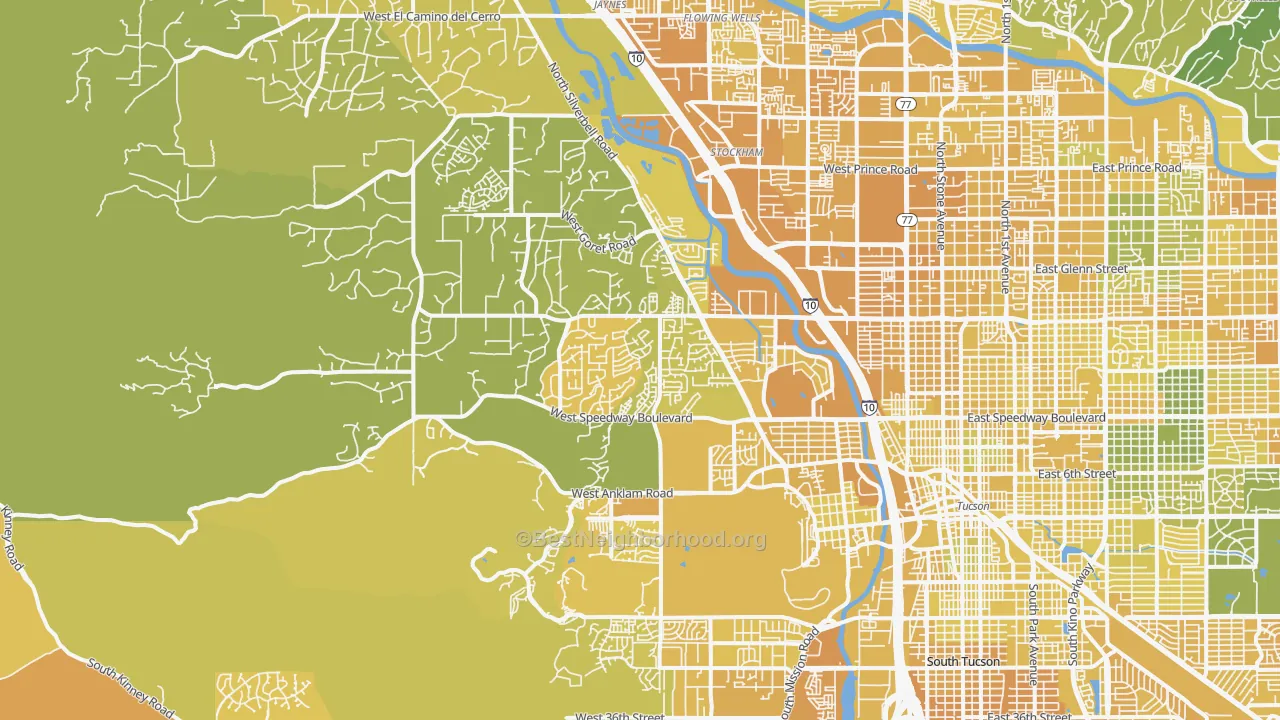 Map of the best neighborhoods in the 85745 area, with better matches in green and worse matches in red