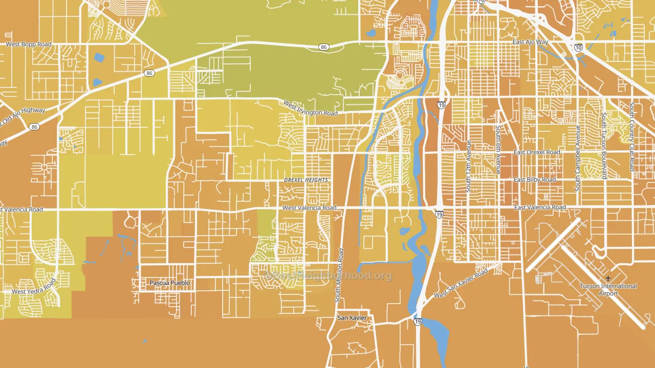 Map of the best neighborhoods in the 85746 area, with better matches in green and worse matches in red
