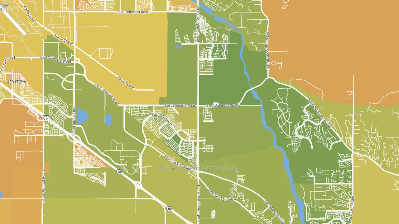 Map of the best neighborhoods in the 85747 area, with better matches in green and worse matches in red