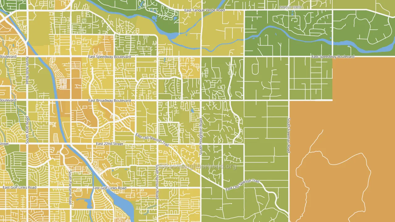 Map of the best neighborhoods in the 85748 area, with better matches in green and worse matches in red