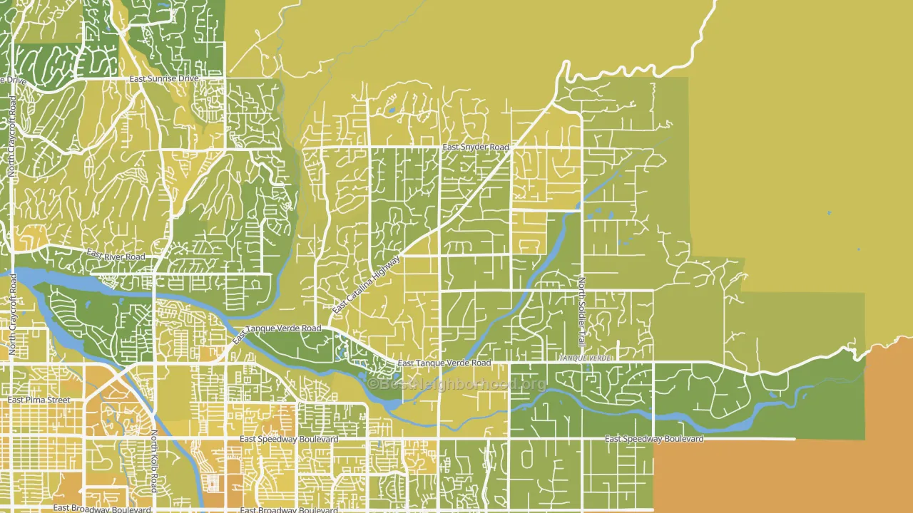 Map of the best neighborhoods in the 85749 area, with better matches in green and worse matches in red