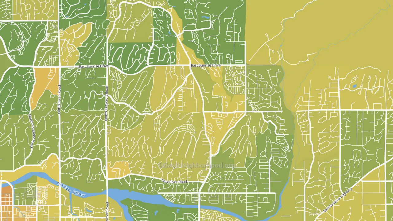 Map of the best neighborhoods in the 85750 area, with better matches in green and worse matches in red
