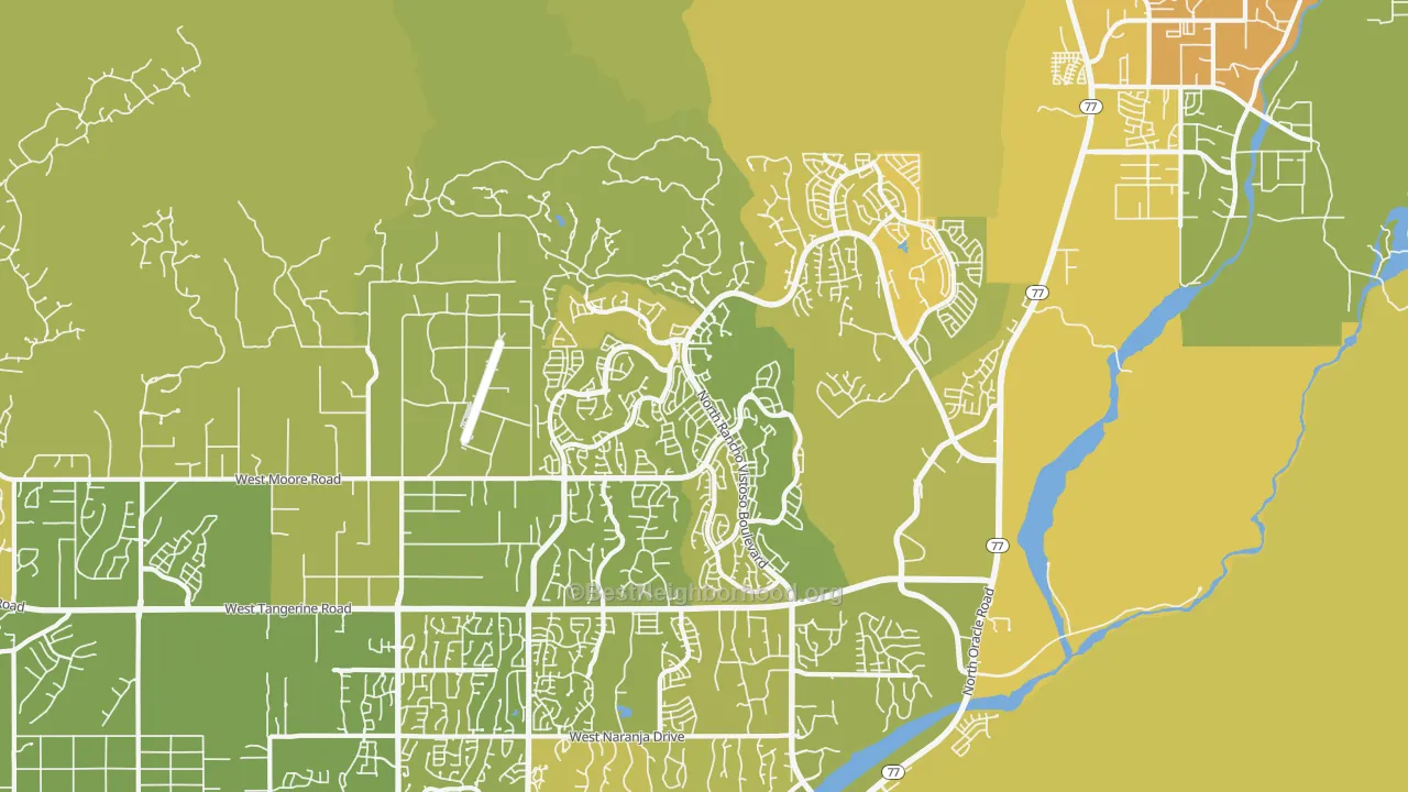 Map of the best neighborhoods in the 85755 area, with better matches in green and worse matches in red