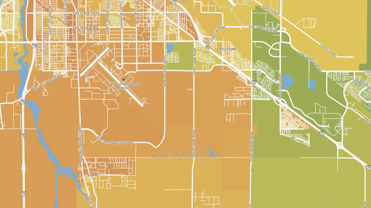 Map of the best neighborhoods in the 85756 area, with better matches in green and worse matches in red