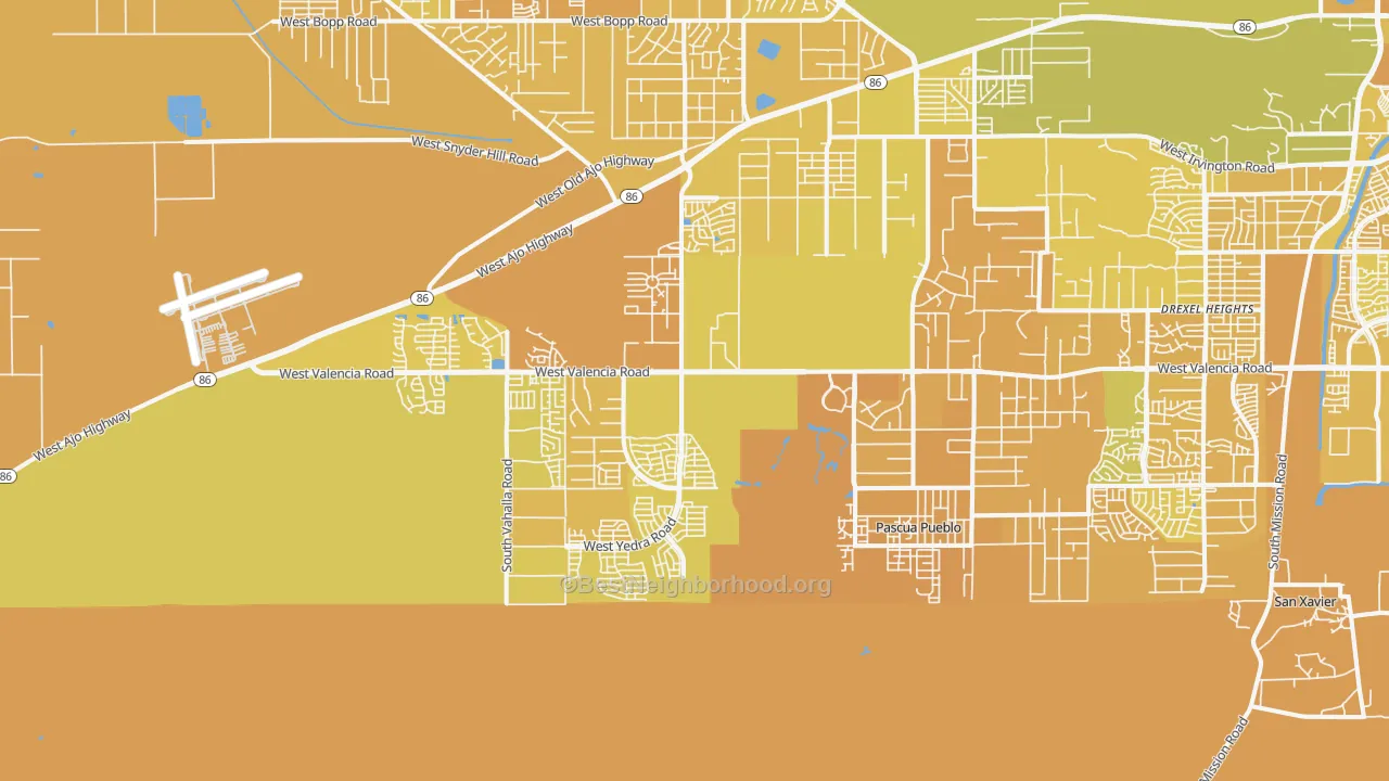 Map of the best neighborhoods in the 85757 area, with better matches in green and worse matches in red