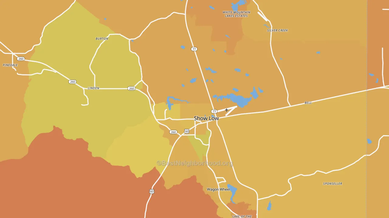 Map of the best neighborhoods in the 85901 area, with better matches in green and worse matches in red