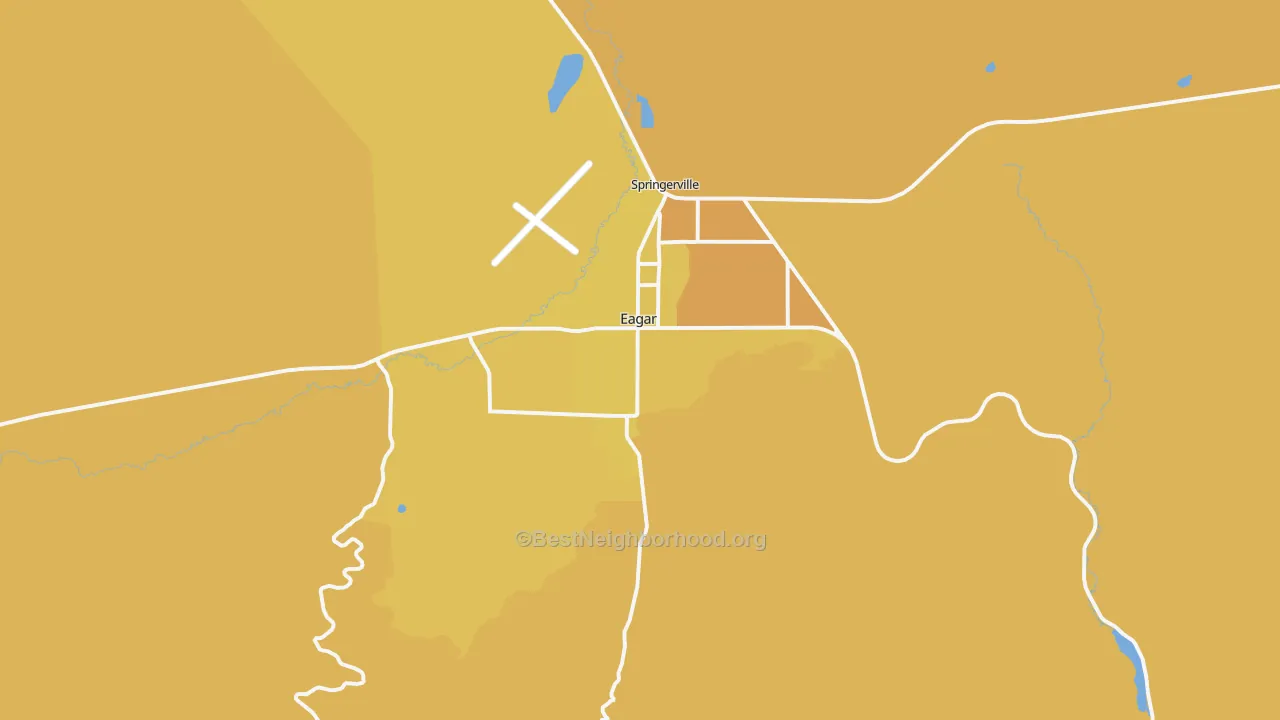 Map of the best neighborhoods in the 85925 area, with better matches in green and worse matches in red