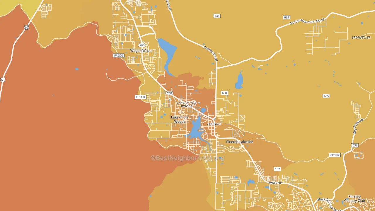 Map of the best neighborhoods in the 85929 area, with better matches in green and worse matches in red