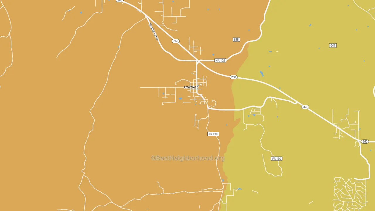Map of the best neighborhoods in the 85934 area, with better matches in green and worse matches in red