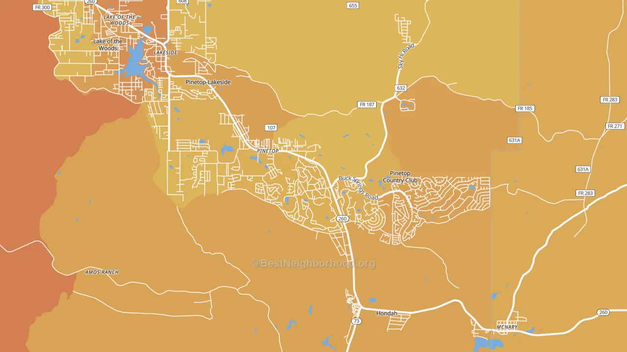 Map of the best neighborhoods in the 85935 area, with better matches in green and worse matches in red
