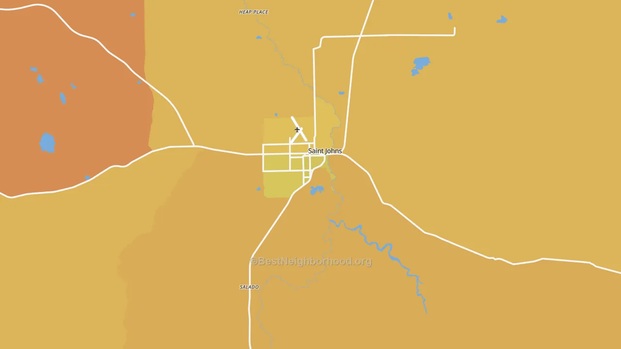 Map of the best neighborhoods in the 85936 area, with better matches in green and worse matches in red
