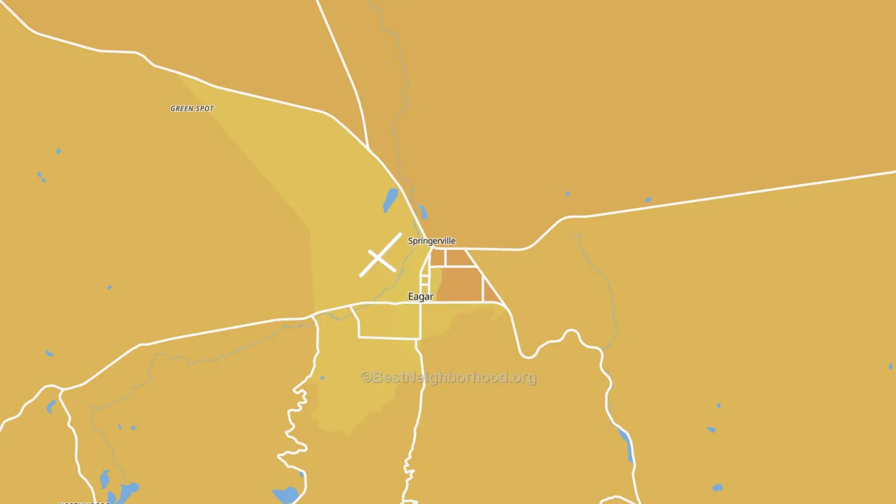 Map of the best neighborhoods in the 85938 area, with better matches in green and worse matches in red