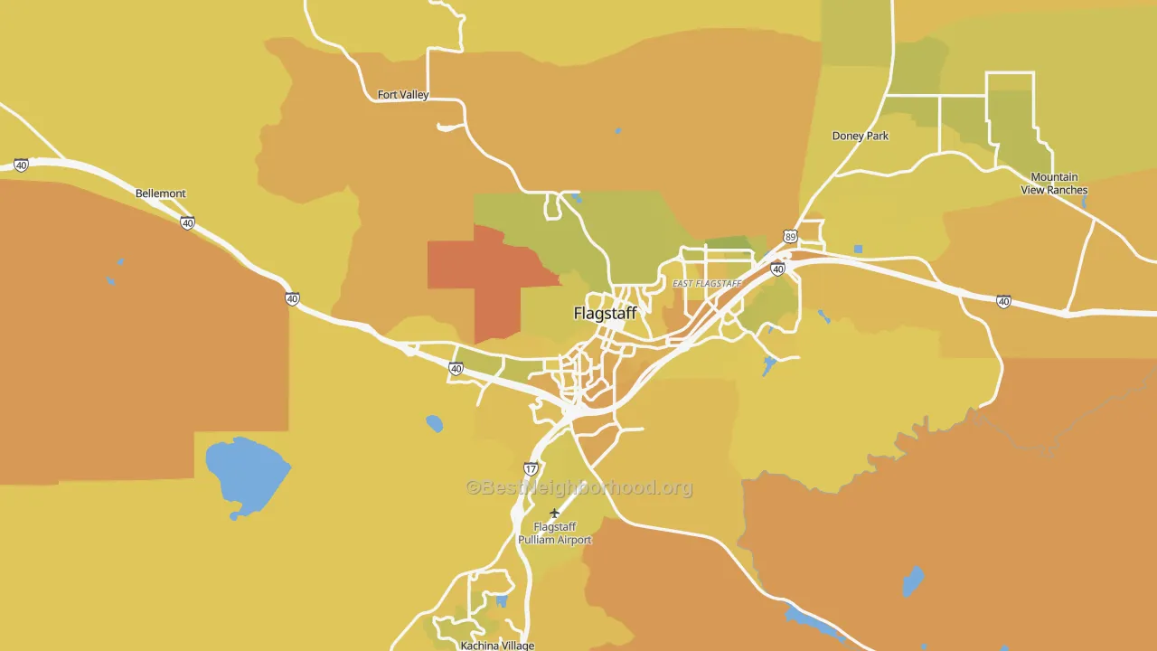 Map of the best neighborhoods in the 86001 area, with better matches in green and worse matches in red