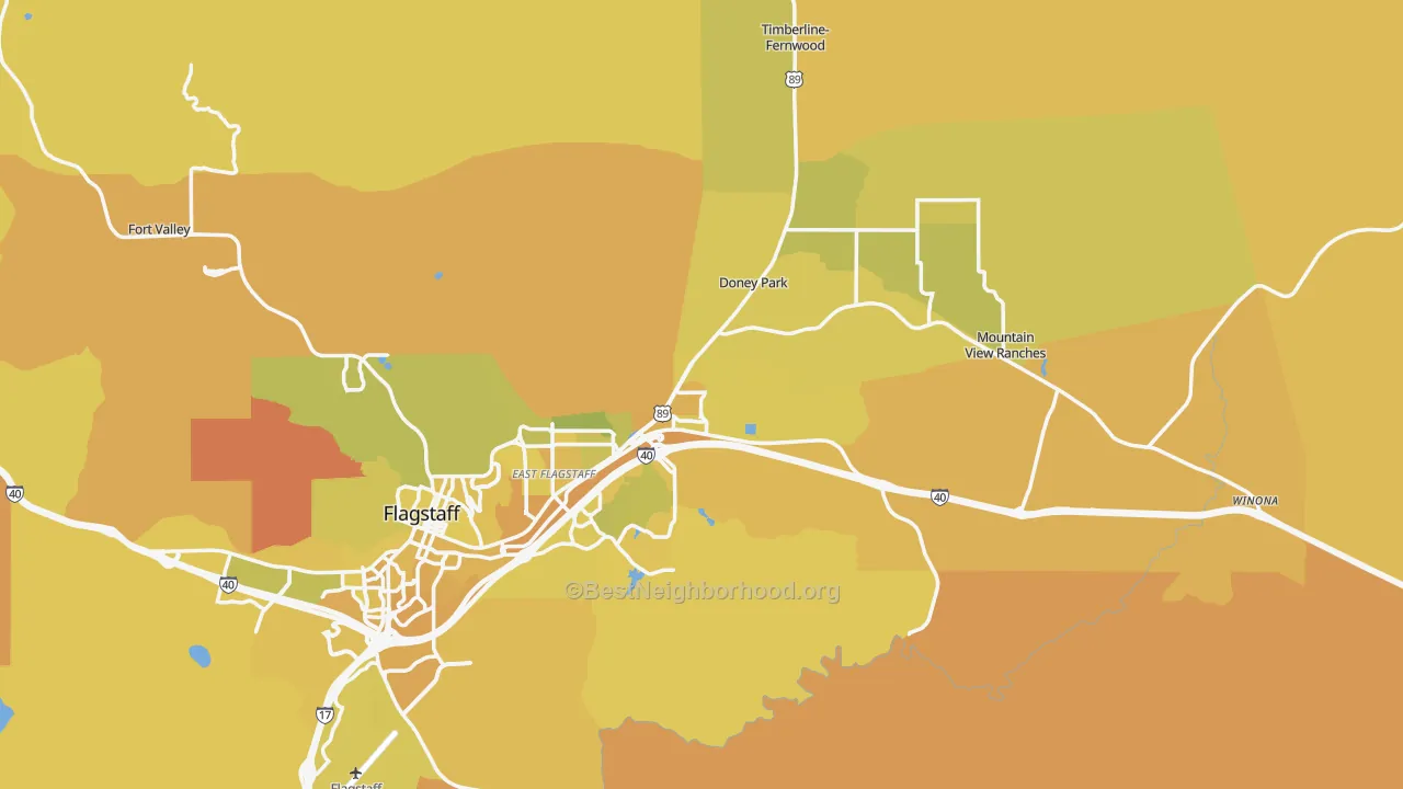 Map of the best neighborhoods in the 86004 area, with better matches in green and worse matches in red