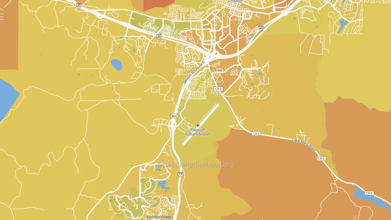Map of the best neighborhoods in the 86005 area, with better matches in green and worse matches in red