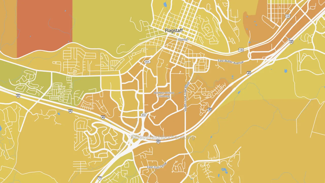 Map of the best neighborhoods in the 86011 area, with better matches in green and worse matches in red
