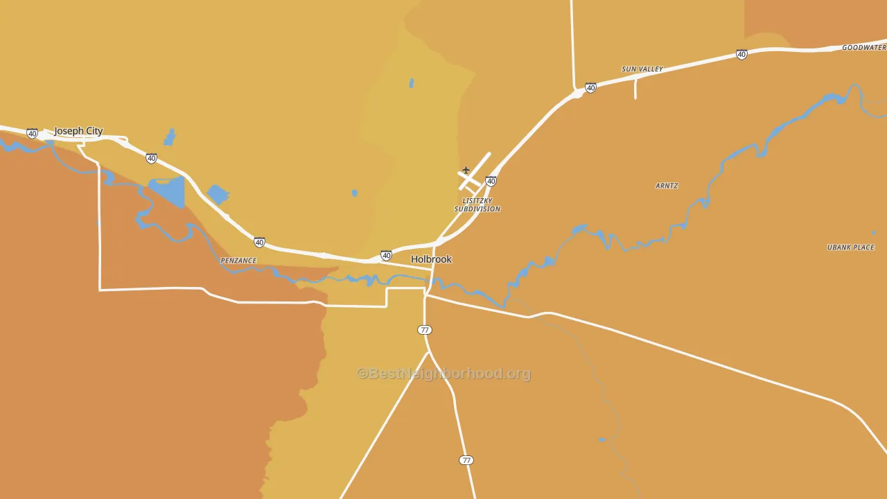 Map of the best neighborhoods in the 86025 area, with better matches in green and worse matches in red