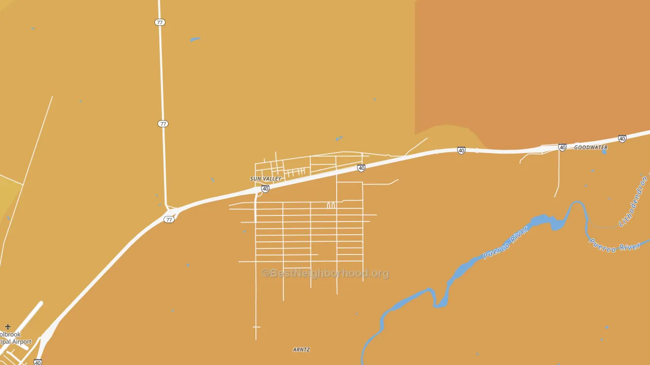 Map of the best neighborhoods in the 86029 area, with better matches in green and worse matches in red