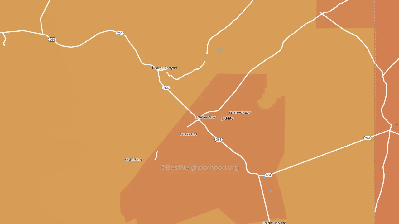 Map of the best neighborhoods in the 86034 area, with better matches in green and worse matches in red