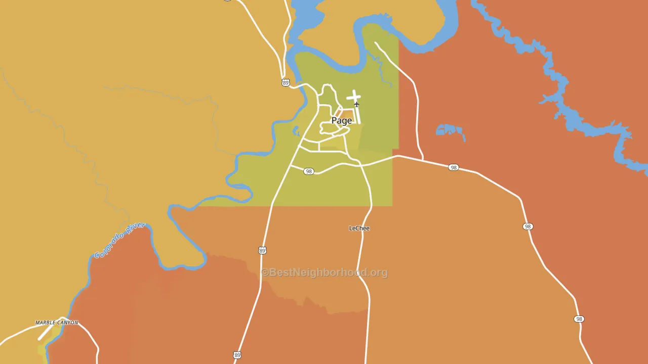 Map of the best neighborhoods in the 86040 area, with better matches in green and worse matches in red