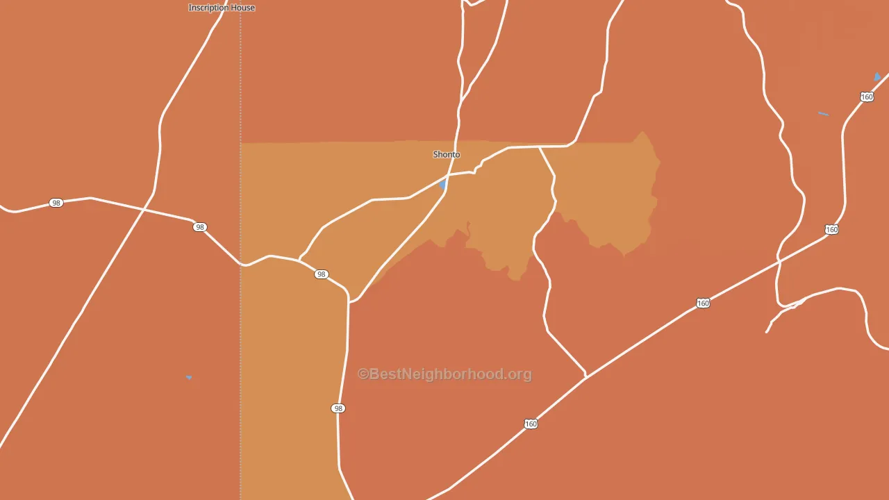 Map of the best neighborhoods in the 86054 area, with better matches in green and worse matches in red