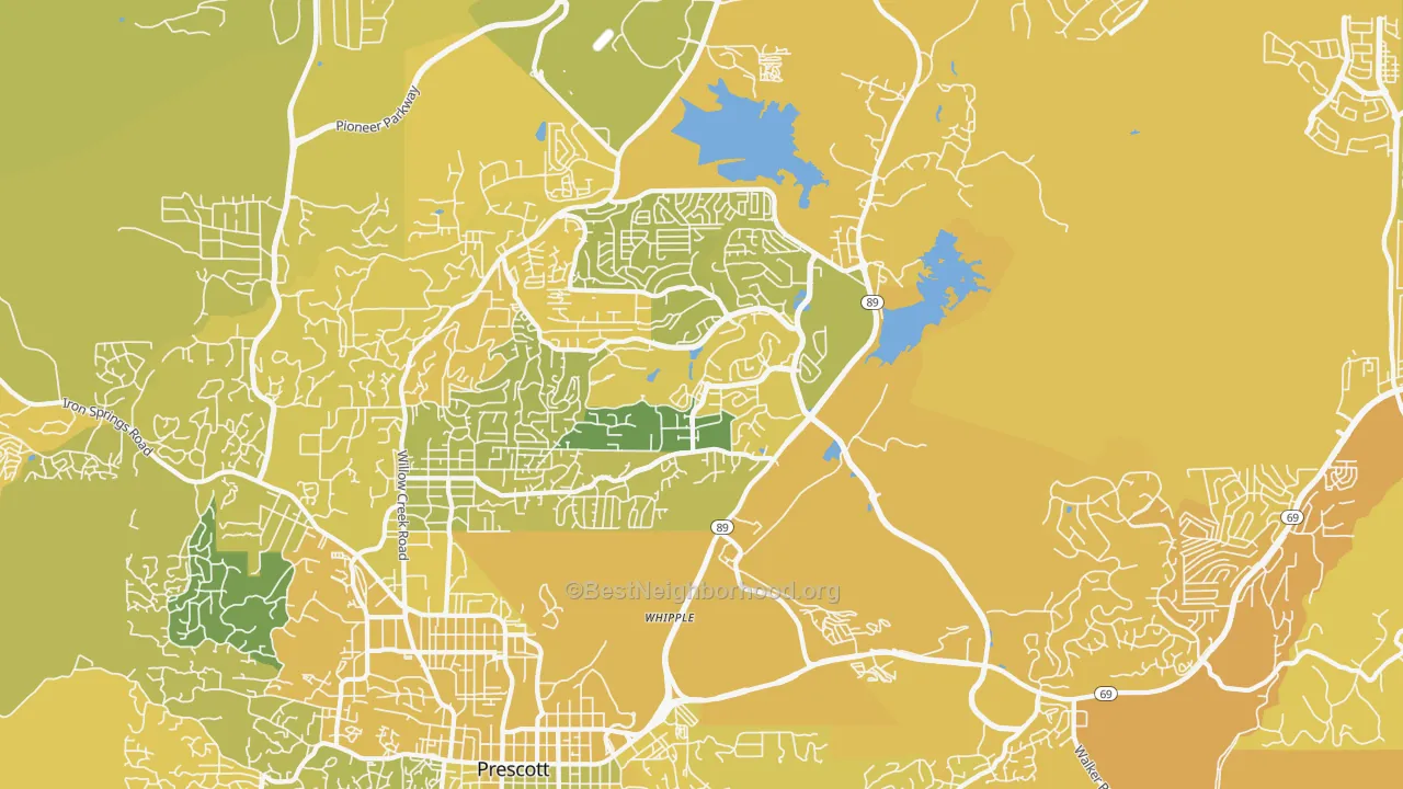 Map of the best neighborhoods in the 86301 area, with better matches in green and worse matches in red