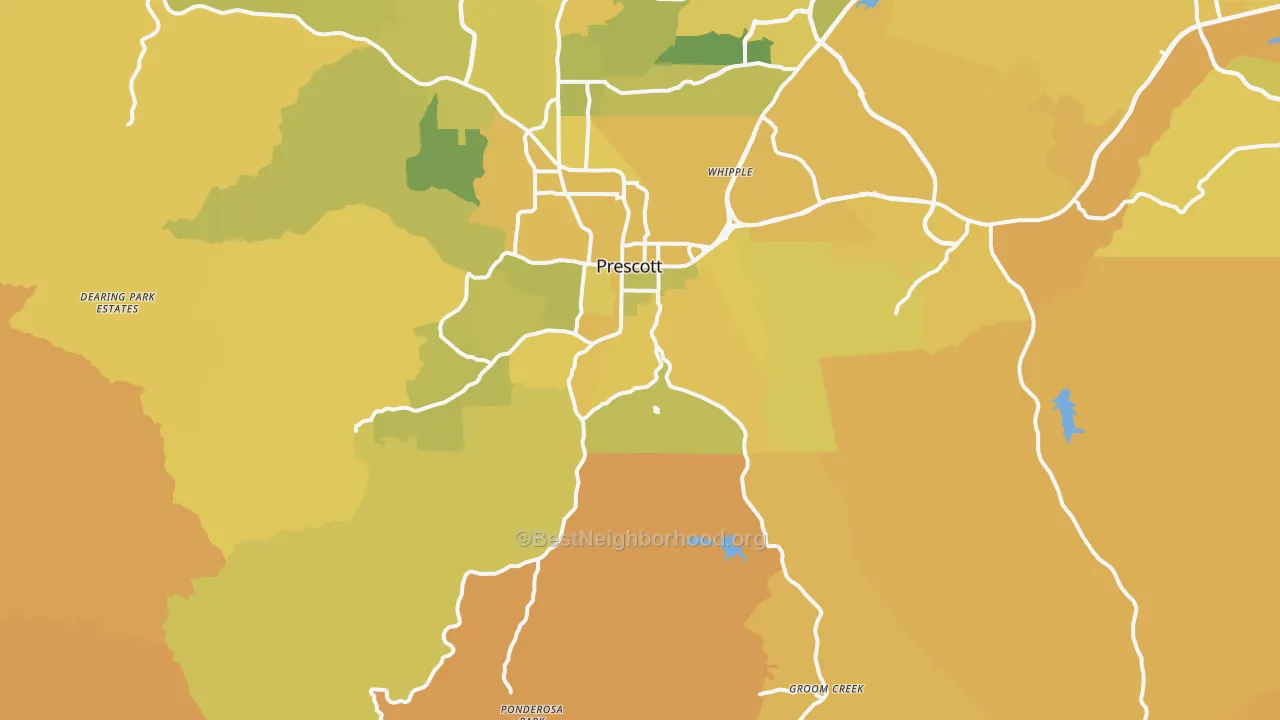 Map of the best neighborhoods in the 86303 area, with better matches in green and worse matches in red
