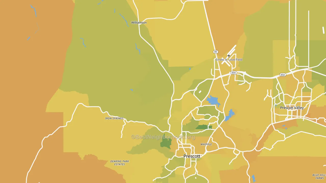 Map of the best neighborhoods in the 86305 area, with better matches in green and worse matches in red
