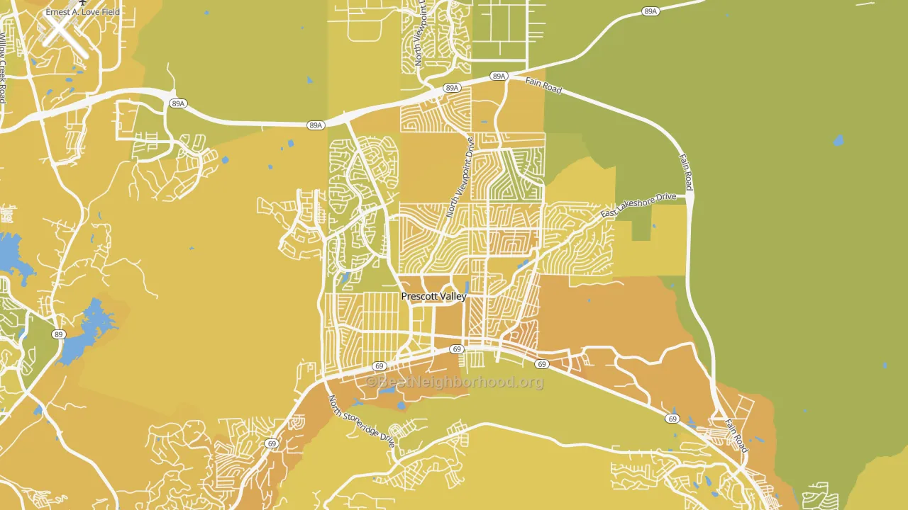 Map of the best neighborhoods in the 86314 area, with better matches in green and worse matches in red