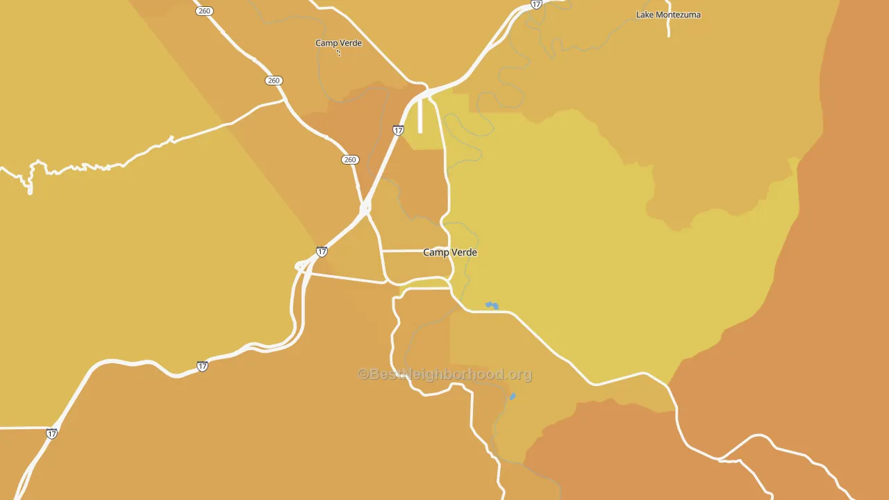 Map of the best neighborhoods in the 86322 area, with better matches in green and worse matches in red