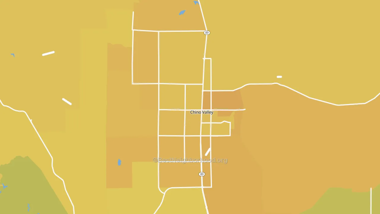 Map of the best neighborhoods in the 86323 area, with better matches in green and worse matches in red