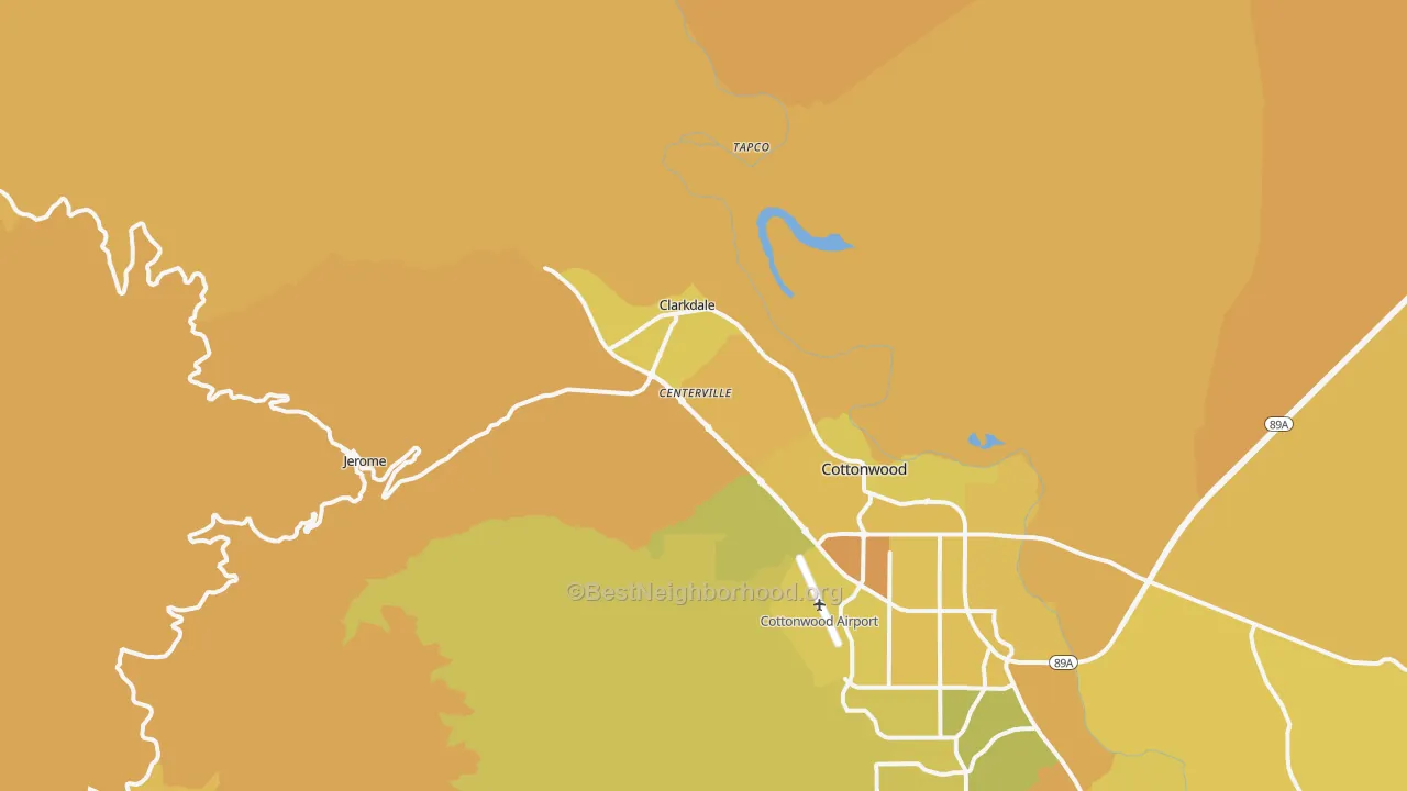 Map of the best neighborhoods in the 86324 area, with better matches in green and worse matches in red