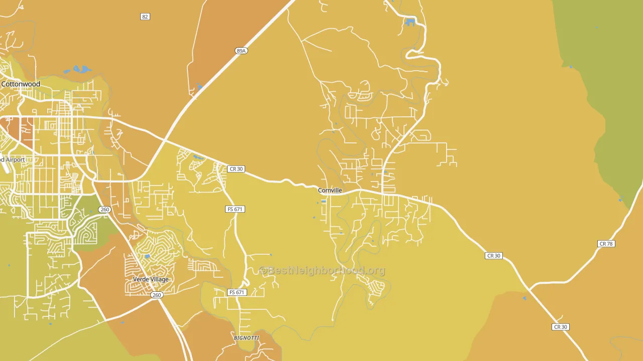 Map of the best neighborhoods in the 86325 area, with better matches in green and worse matches in red
