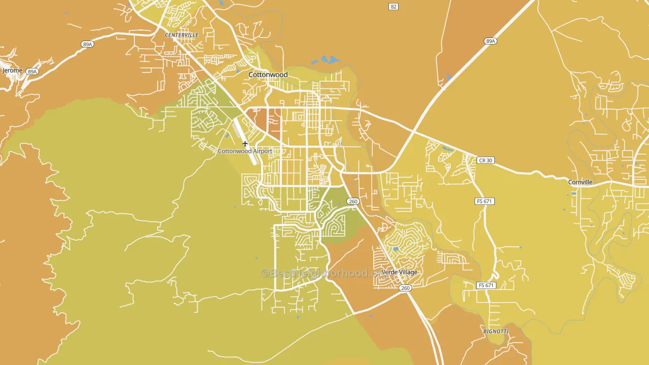 Map of the best neighborhoods in the 86326 area, with better matches in green and worse matches in red