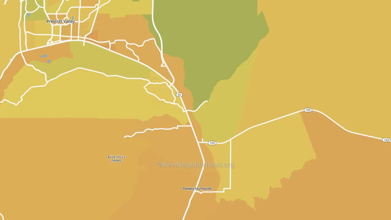 Map of the best neighborhoods in the 86327 area, with better matches in green and worse matches in red