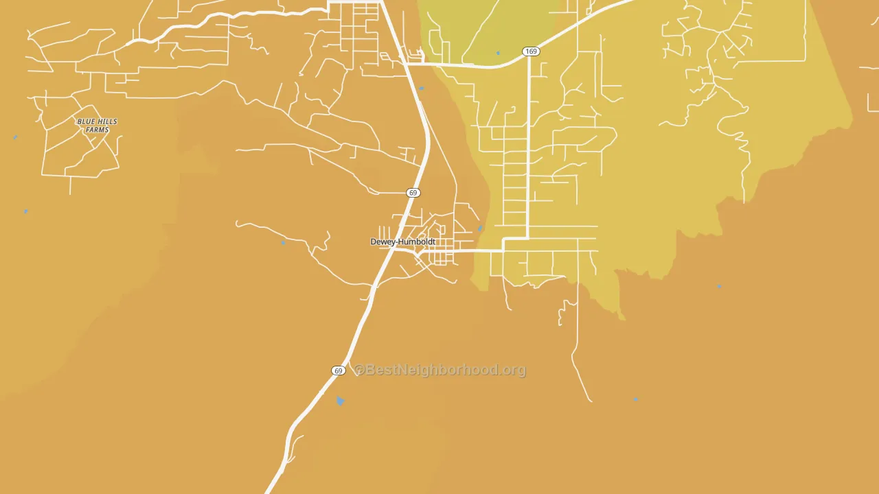 Map of the best neighborhoods in the 86329 area, with better matches in green and worse matches in red