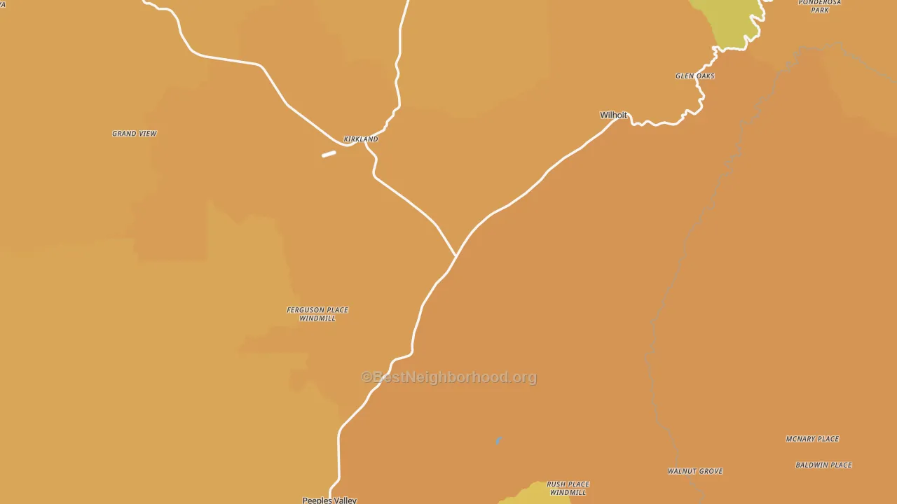 Map of the best neighborhoods in the 86332 area, with better matches in green and worse matches in red