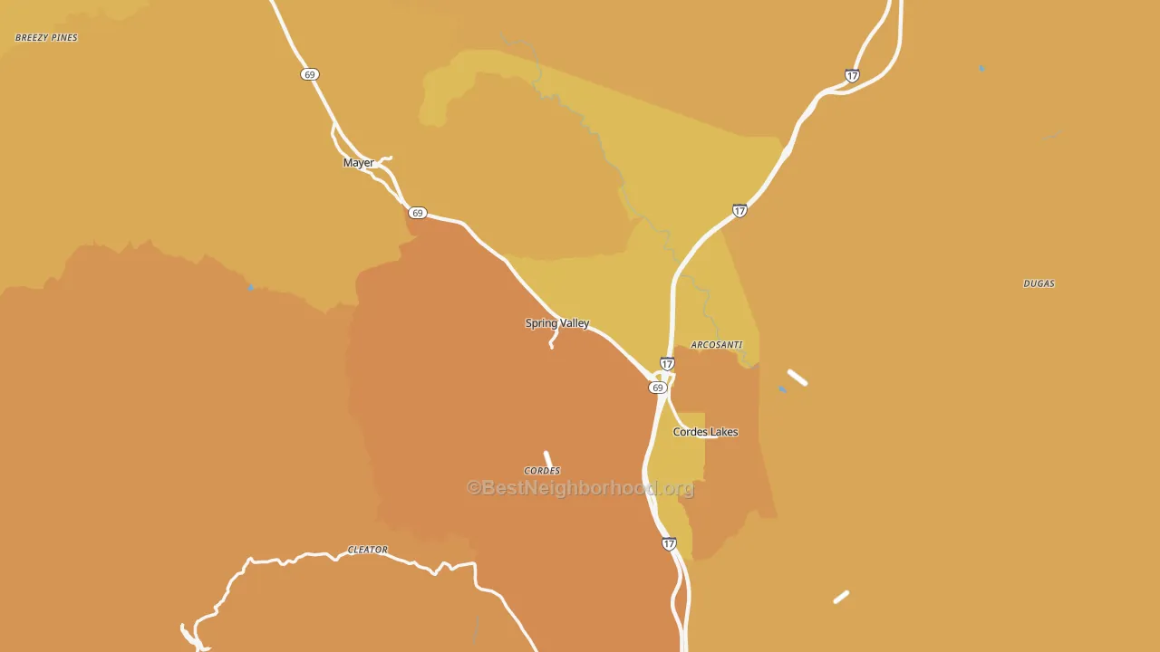 Map of the best neighborhoods in the 86333 area, with better matches in green and worse matches in red