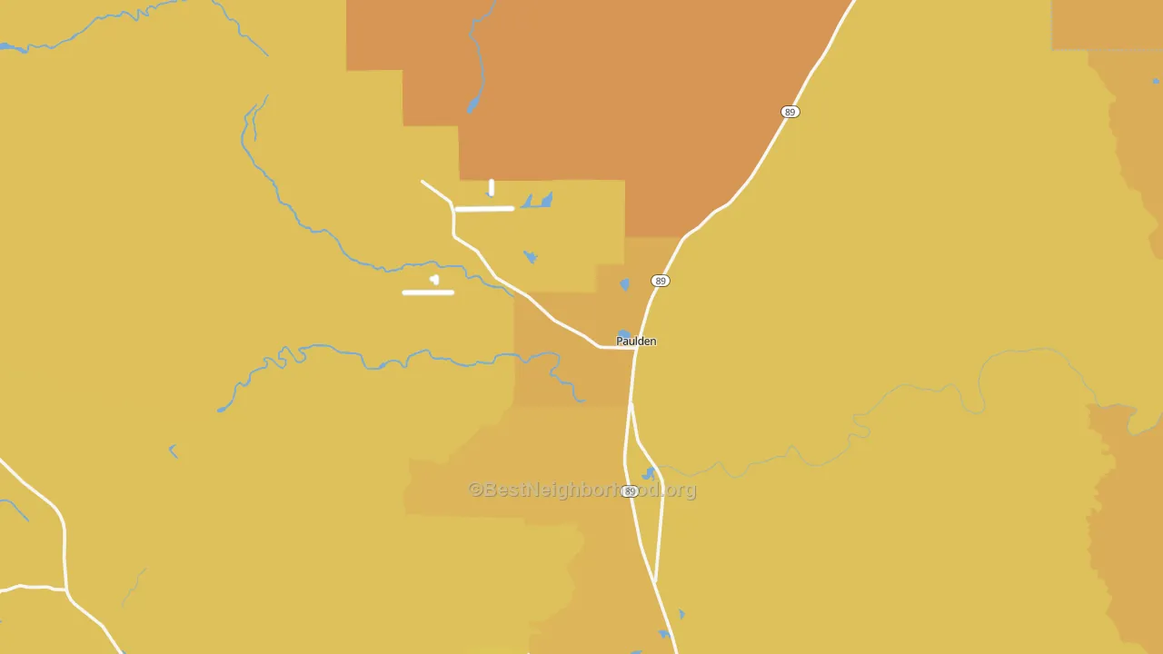 Map of the best neighborhoods in the 86334 area, with better matches in green and worse matches in red