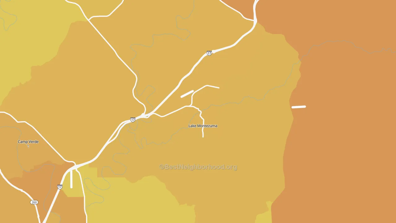 Map of the best neighborhoods in the 86335 area, with better matches in green and worse matches in red