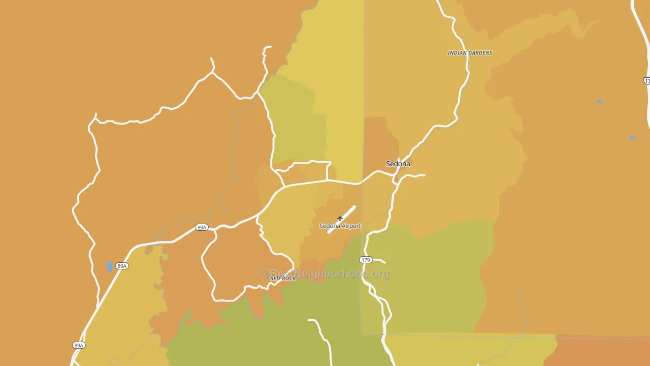 Map of the best neighborhoods in the 86336 area, with better matches in green and worse matches in red