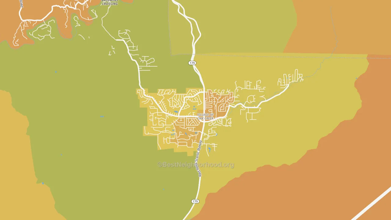 Map of the best neighborhoods in the 86351 area, with better matches in green and worse matches in red