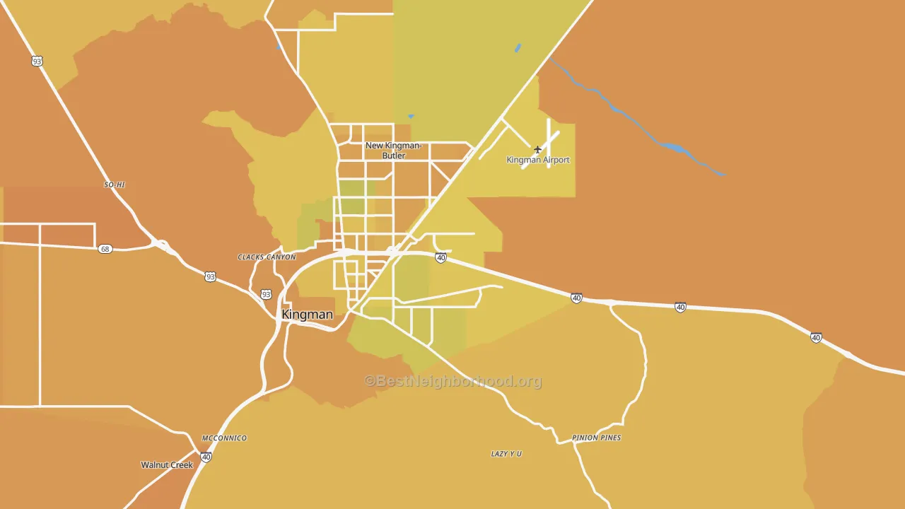 Map of the best neighborhoods in the 86401 area, with better matches in green and worse matches in red
