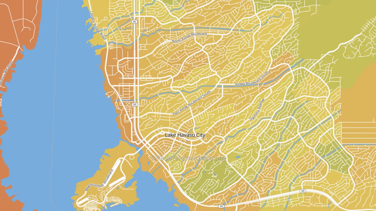 Map of the best neighborhoods in the 86403 area, with better matches in green and worse matches in red